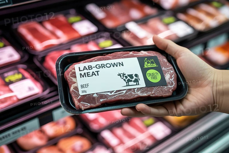 Hand holding package of lab-grown beef meat in supermarket. Concept of cruelty-free advanced vegan alternative. Generative AI, AI generated