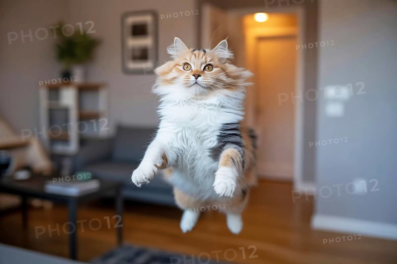 Fluffy cat mid-air jumping straight toward camera in living room. Concept of playful energy and agility. Generative ai, AI generated