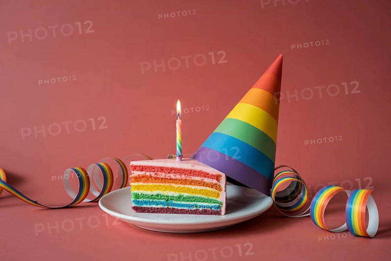 Slice of rainbow birthday cake with party hat and streamers on bright red background. Generative ai, AI generated