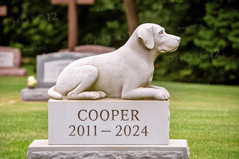 Gravestone with dog stone sculpture in a cemetery. Memorial for a beloved pet and pet loss remembrance. Generative ai, AI generated