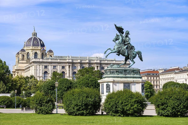 Archduke Karl Monument, equestrian statue by Anton Dominik Fernkorn in honour of Archduke Karl, Carl Ludwig Johann Joseph Laurentius of Austria, on Heldenplatz in Vienna, Austria, with the Natural History Museum in the background
