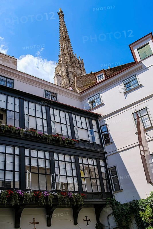 View from the inner courtyard of the Deutschordenshaus to St Stephen's Cathedral, Vienna, Austria, for editorial use only