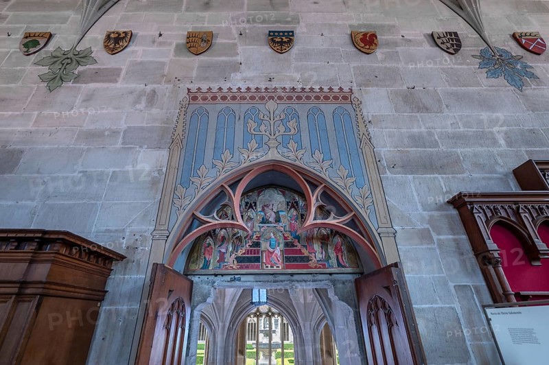 Painting c. 1335, Mary as the Throne of Solomon in the arched area above the exit door of the Bruderhalle, Bebenhausen Abbey, Bebenhausen district of Tübingen, Baden-Württemberg, Germany
