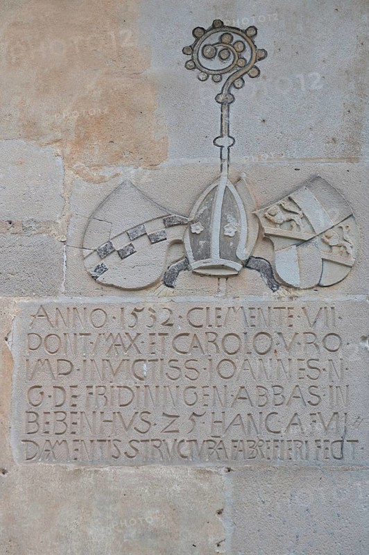 Coat of arms and tombstone of Johannes von Fridingen, 1458 to 1534, last abbot of Bebenhausen Abbey, Bebenhausen district of Tübingen, Baden-Württemberg, Germany