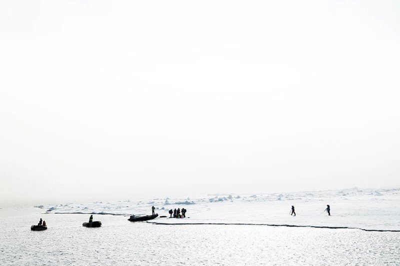 Zodiac with guides lands, Ice Edge, Sea, Spitsbergen, Svalbard