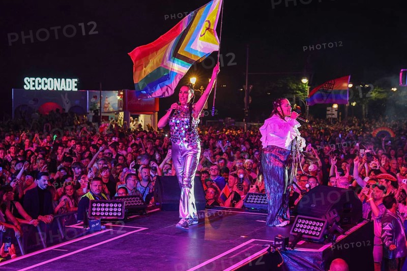 Bahar Kizil and Senna Gammour from the band Monrose at the 47th Christopher Street Day under the motto Never be quiet again in Berlin on 26 July 2025
