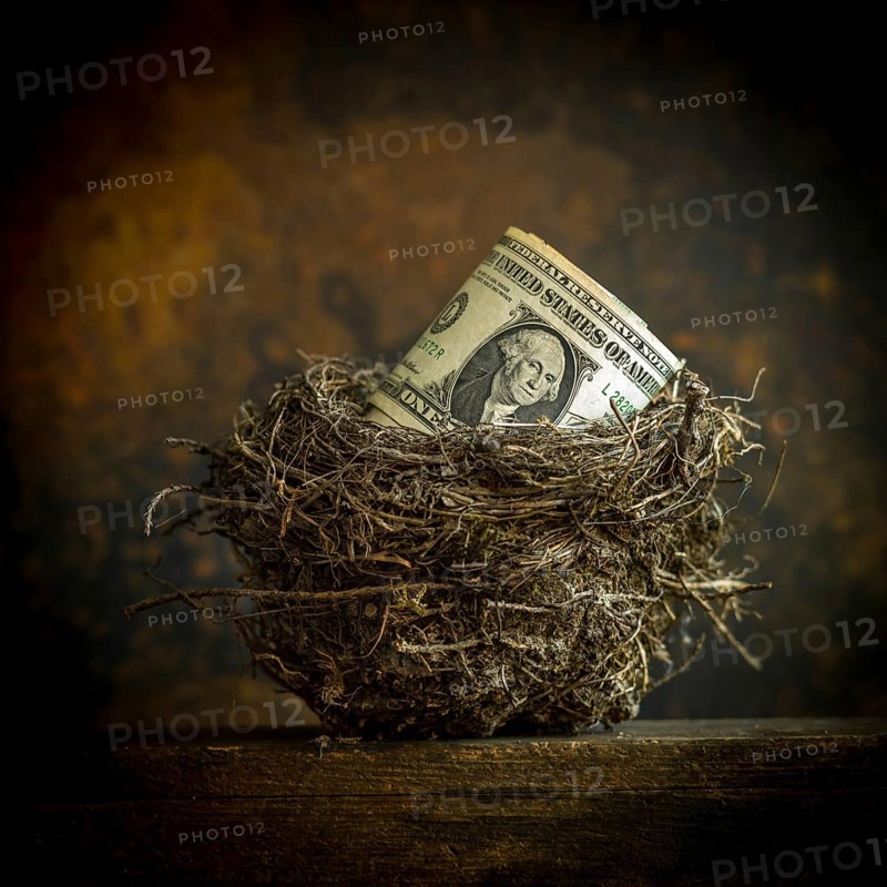 A rolled dollar bill sits comfortably within a natural nest made of twigs and grass, highlighting the concept of saving and nurturing finances