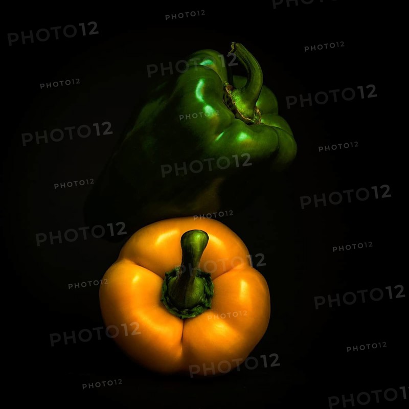 Two vibrant bell peppers, one green and one yellow, are prominently displayed against a black background, showcasing their glossy surfaces and natural shapes. This arrangement emphasizes freshness