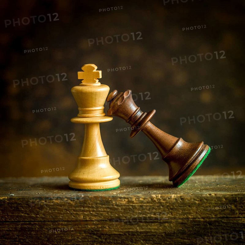 Two intricately designed chess pieces, a golden king and a dark queen, lean against each other on an aged wooden surface, symbolizing the strategic dance of chess in a tranquil environment