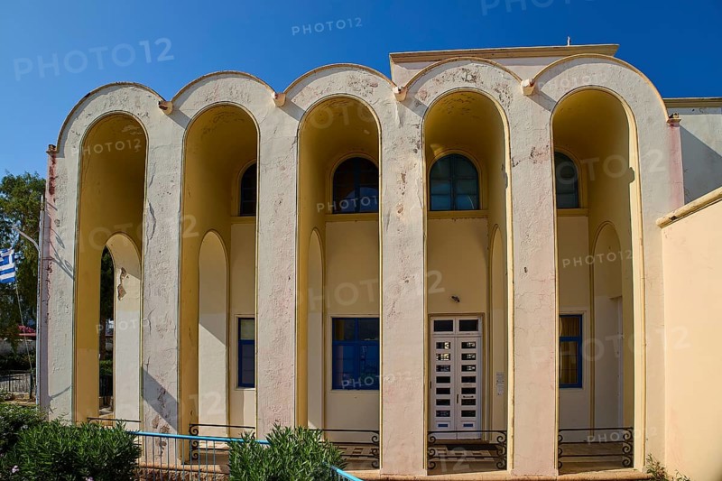 Primary school, Symmetrical building with arched entrances and windows, Armando Bernabiti, Historicism, Rationalism, Art Deco, Rationalism, Rodolfo Petraco, Fascism, Portolago, Lakki, Leros, Dodecanese, Greek Islands, Greece