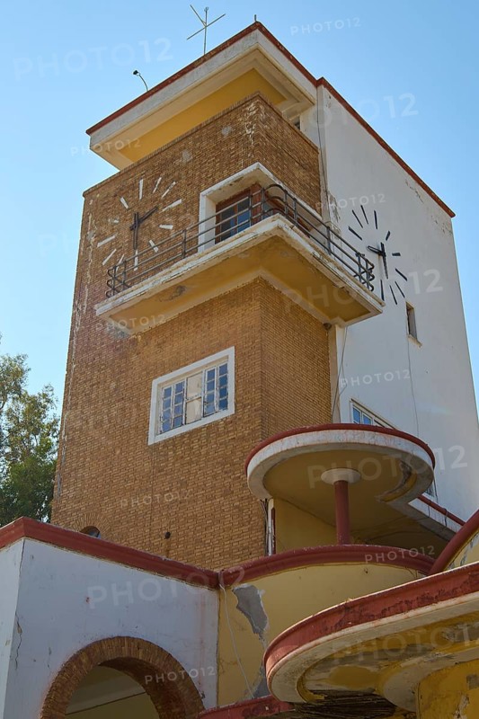 Market Hall, An interesting historic clock tower with brick façade and geometric design, Armando Bernabiti, Historicism, Rationalism, Art Deco, Rationalism, Rodolfo Petraco, Fascism, Portolago, Lakki, Leros, Dodecanese, Greek Islands, Greece