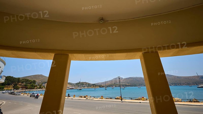Theatre, Cinema, Circular view of the sea and the mountains from inside a building with columns, Armando Bernabiti, Historicism, Rationalism, Art Deco, Rationalism, Rodolfo Petraco, Fascism, Portolago, Lakki, Leros, Dodecanese, Greek Islands, Greece