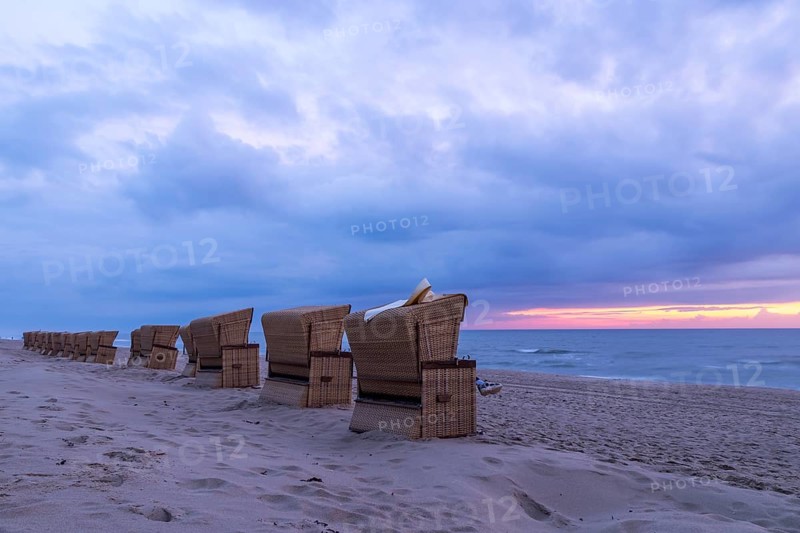 Beach chairs at sunset, North Sea, Rantum, Sylt, Schleswig-Holstein