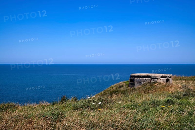 Former German bunker, Atlantic Wall, Second World War, D-Day, Étretat, sea, steep coast, cliffs, chalk cliffs, alabaster coast, La Côte d'Albâtre, Normandy, Seine-Maritime, France