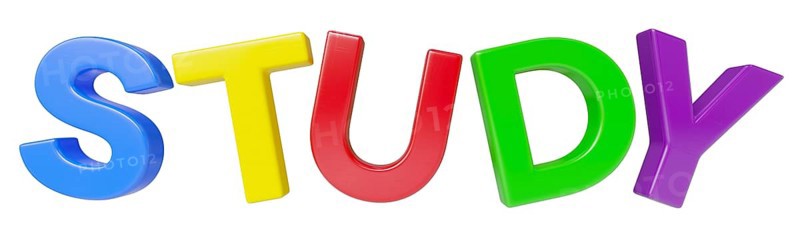 Plastic magnetic letters spelling the word study isolated on a white background