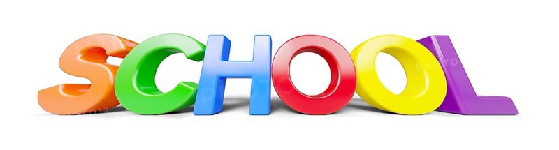 Low angle plastic magnetic letters with drop shadow spelling the word school isolated on a white background