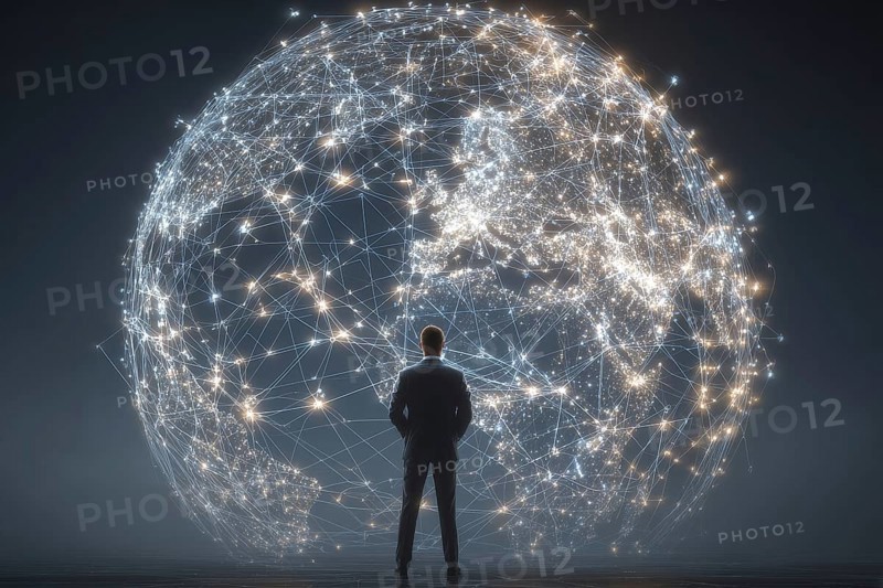 Businessman standing in front of the illuminated globe that shows light interconnections over the networked connection, AI generated