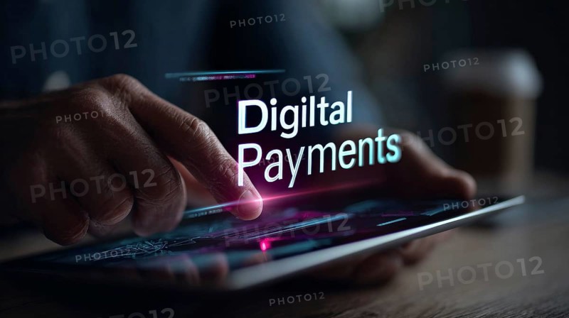 Businessman using tablet with digital payment technology and virtual screen hologram, AI generated