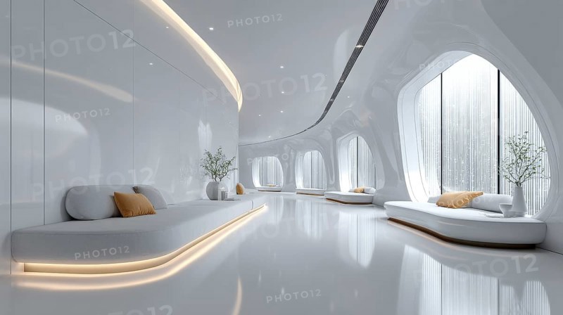 Bright futuristic living room with curved built-in sofa, oval windows create a glowing ambiance. Modern and minimal design, AI generated