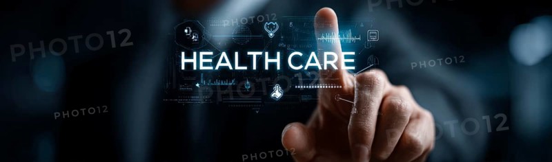 Businessman touching a digital, glowing, futuristic, modern hologram with the text HEALTHCARE and medical icons on a virtual screen, AI generated