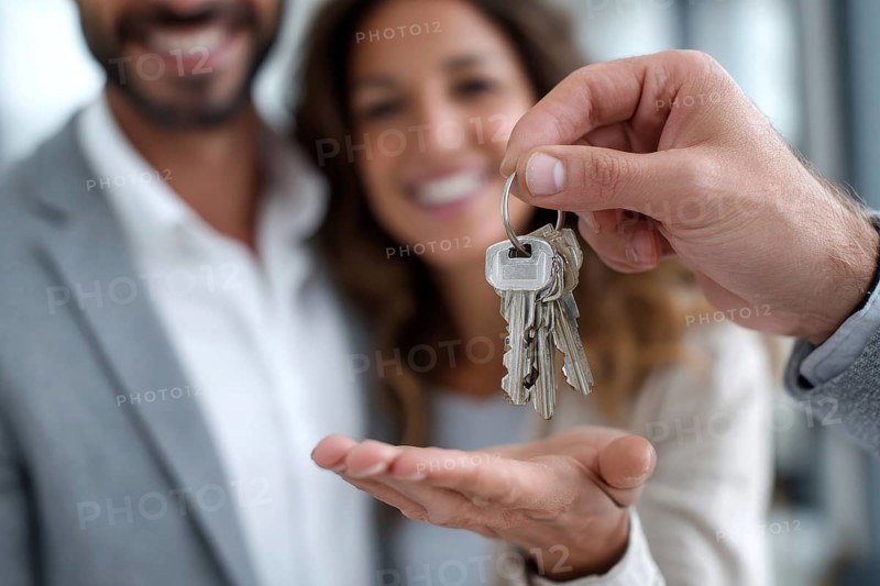 Close up of real estate agent giving house keys to happy couple. New property owners, american dream, AI generated