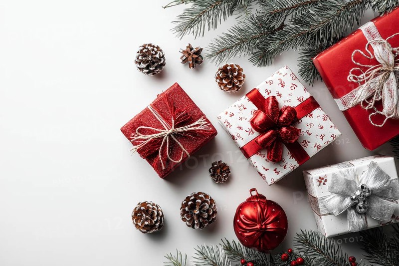 Christmas and New Year holiday background. Xmas greeting card and gifts on white background top view flat lay, AI generated