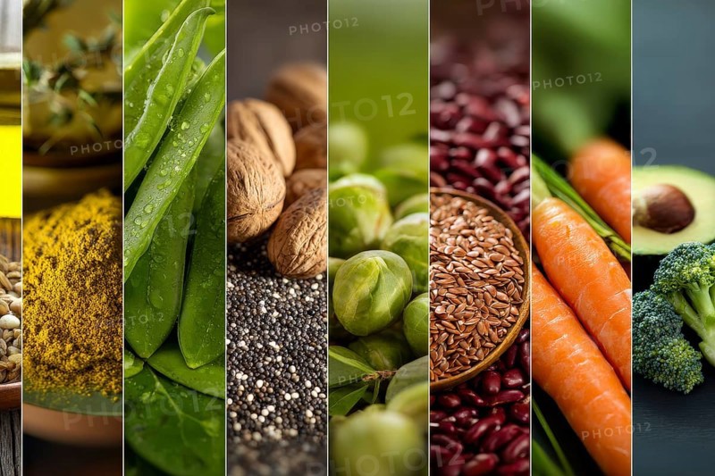 Collage healthy organic vegetables that improve digestion health and heart health, AI generated
