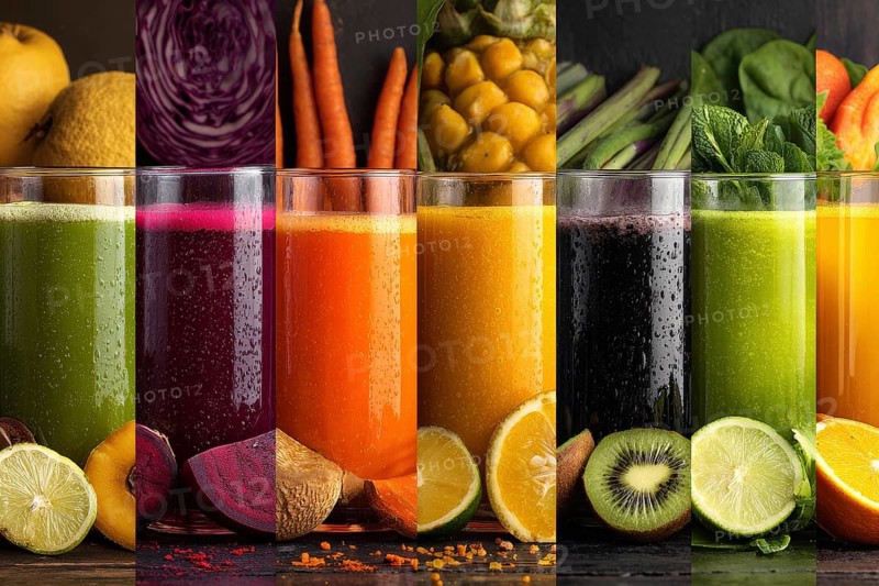 Collage healthy organic juices that improve digestion health and heart health, AI generated