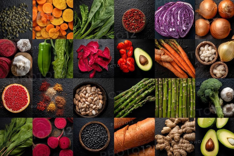 Collage healthy organic food and various healthy diets for improving weight and overall digestive health, AI generated