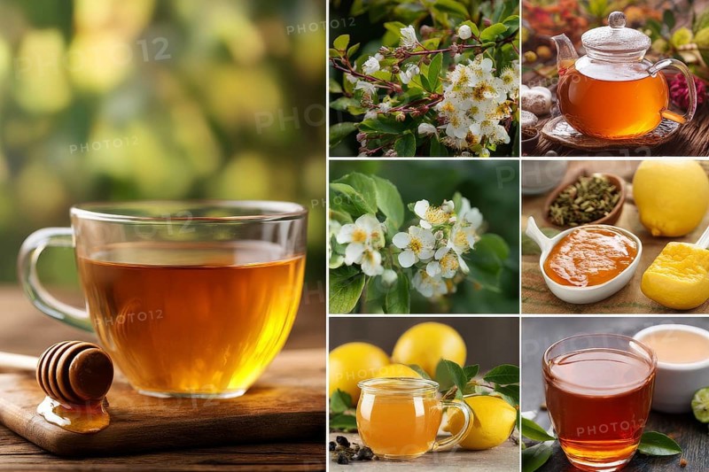 Collage healthy organic tea and healthy drinks, AI generated