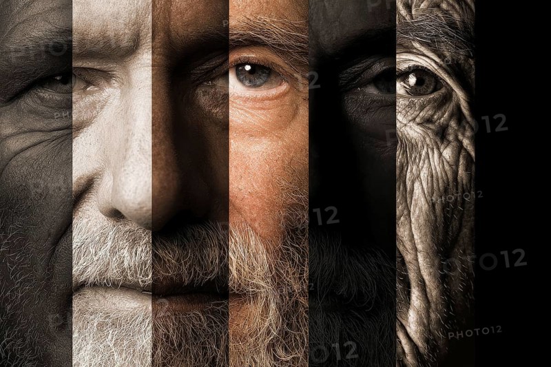 Collage of a face of the same person aging from young to old, AI generated
