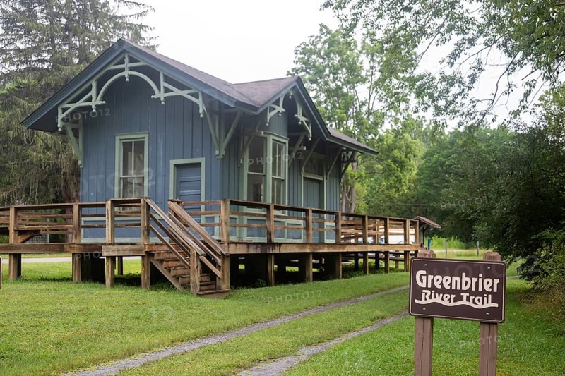 Clover Lick, West Virginia - A restored train station next to the Greenbrier River Trail. The biking and hiking trail, on the railbed of the former Chesapeake and Ohio Railway, runs 78 miles in eastern West Virginia