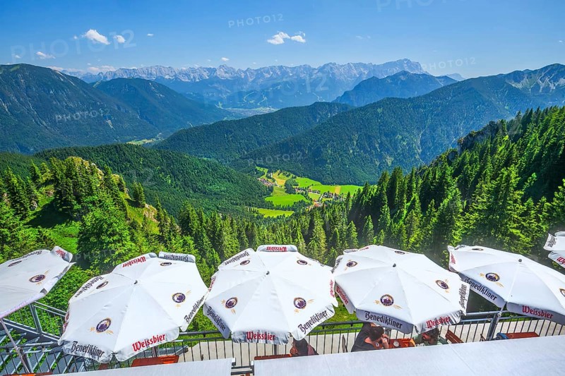 Mountain house terrace with view from the Laber to Ettal and the Wetterstein mountains with the Zugspitze 2962m, Oberammergau, Ammertal, Ammergebirge, Upper Bavaria, Bavaria, Germany