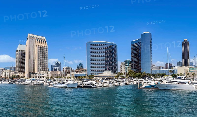 USA, California, San Diego Bay marina and Seaport Village in downtown near Gaslamp Quarter