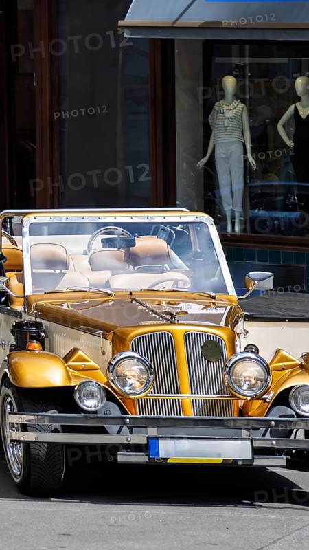 Prague, Old city center, tourism tours and sightseeing in old retro vintage cars