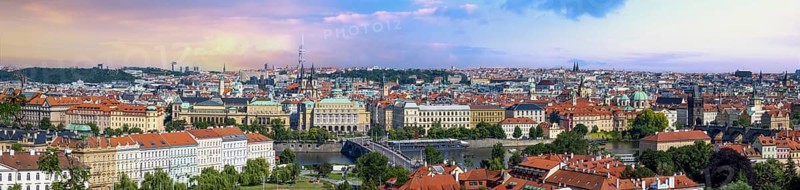 Czechia, Panoramic view of Prague, bridges over Vlatva river and Prague Old city