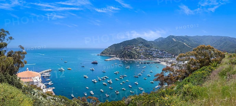 USA, California, panoramic view of Catalina Island Bay and Avalon. Chimes Lookout. Travel attraction