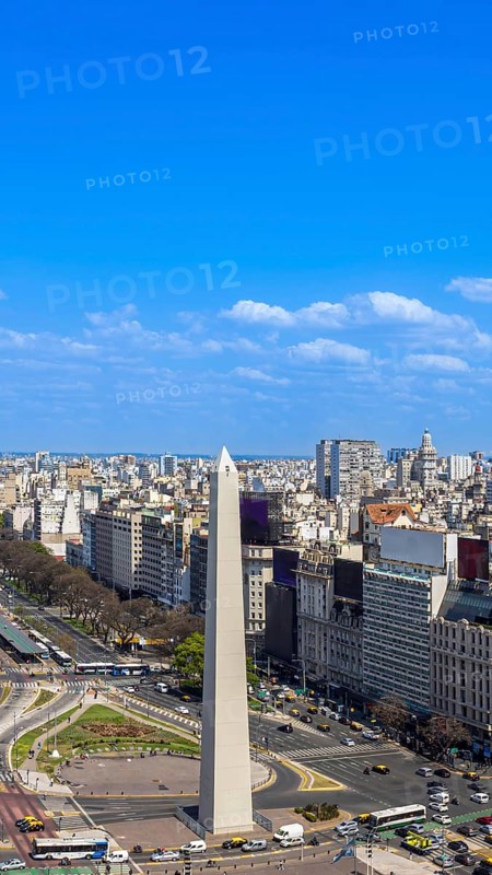 Panoramic cityscape and skyline view of Buenos Aires near landmark obelisk on 9 de Julio Avenue