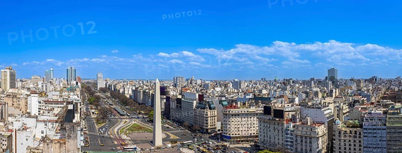 Panoramic cityscape and skyline view of Buenos Aires near landmark obelisk on 9 de Julio Avenue