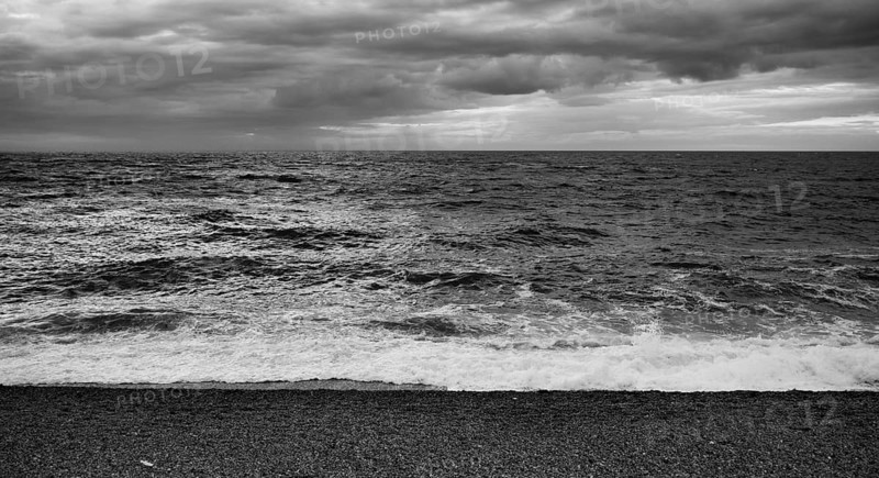 Surf, beach, pebble beach, Étretat, sea, clouds, black and white, Normandy, Seine-Maritime, France