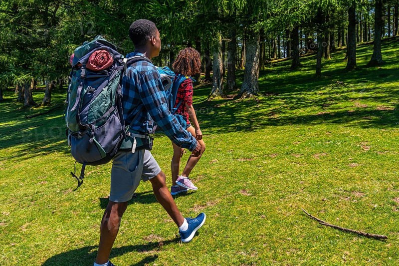 Two hikers are walking through a lush green forest on a sunny day, carrying backpacks and enjoying the tranquility of nature
