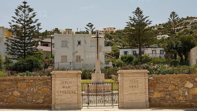 Entrance to Leros War Cemetery with inscriptions and tall trees, Military Cemetery, Commonwealth War Cemetery, Military Cemetery, WW2, 1939-1945, 179 graves, Alinda, Leros, Dodecanese, Greek Islands, Greece