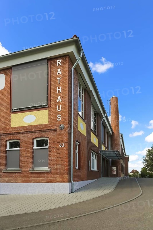 New town hall in the former Kindler corset factory, former Gotthold Kindler and Cie. corset factory, factory building, former textile industry, brick, building, lettering, fireplace, chimney, Gomaringen, district of Tübingen, Baden-Württemberg, Germany