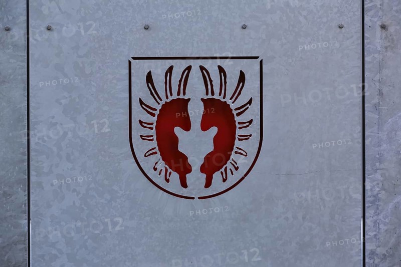 New town hall in the former Kindler corset factory, former Gotthold Kindler and Cie. corsetry factory, historical coat of arms of the Lords of Gomaringen, Gomaringen, district of Tübingen, Baden-Württemberg, Germany