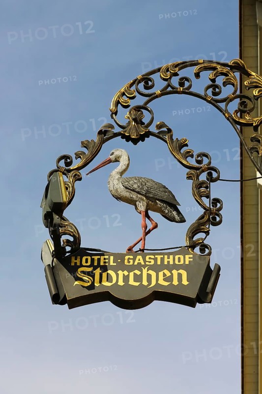Hotel, Gasthof Storchen, inn sign, gastronomy, restaurant, restaurant, writing, letters, district Oberuhldingen, municipality Uhldingen-Mühlhofen, Lake Constance district, Baden-Württemberg, Germany
