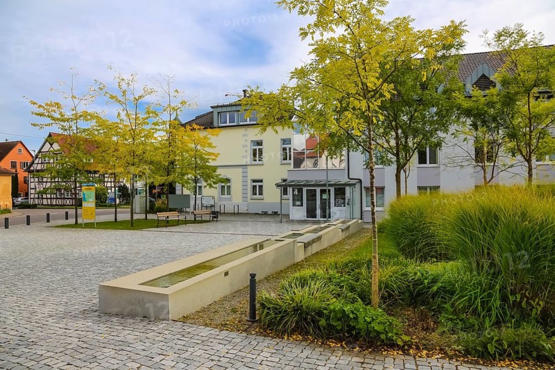 Town hall, paving stones, trees, houses, buildings, water features, water basin, Oberuhldingen district, Uhldingen-Mühlhofen municipality, Lake Constance district, Baden-Württemberg, Germany