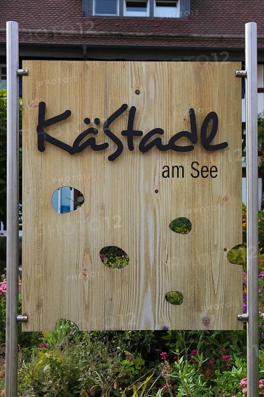 Wooden sign KäStadel am See, Kässtadel, specialist cheese shop with bistro, cheese shop, delicatessen, café, regional cuisine, small restaurant, refreshments, Oberuhldingen district, Uhldingen-Mühlhofen municipality, Lake Constance district, Baden-Württemberg, Germany