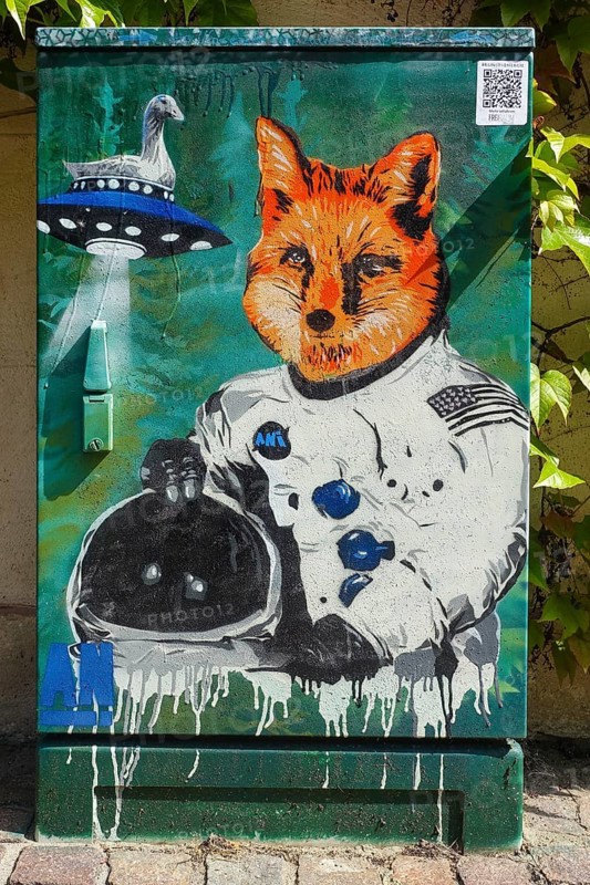 Art is energy, painted electricity box, art in public space, the Friendly Balingen project, art on Balingen electricity boxes, distribution box, fox, goose, UFO, spacesuit, astronaut suit, painting, colourful, art by all for all, social project, street art, Balingen, Zollernalbkreis, Baden-Württemberg, Germany
