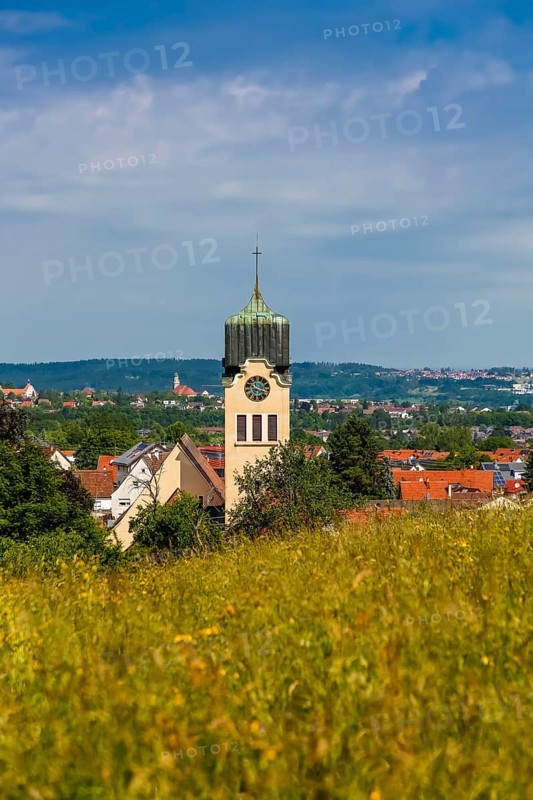 Catholic parish church of St Nicholas, church, sacred building, church tower, clock, Art Nouveau elements, end of the 19th century, architect W. Fr. Laur, view of Boll, district of Boll, Zollernalbkreis, Baden-Württemberg, Germany