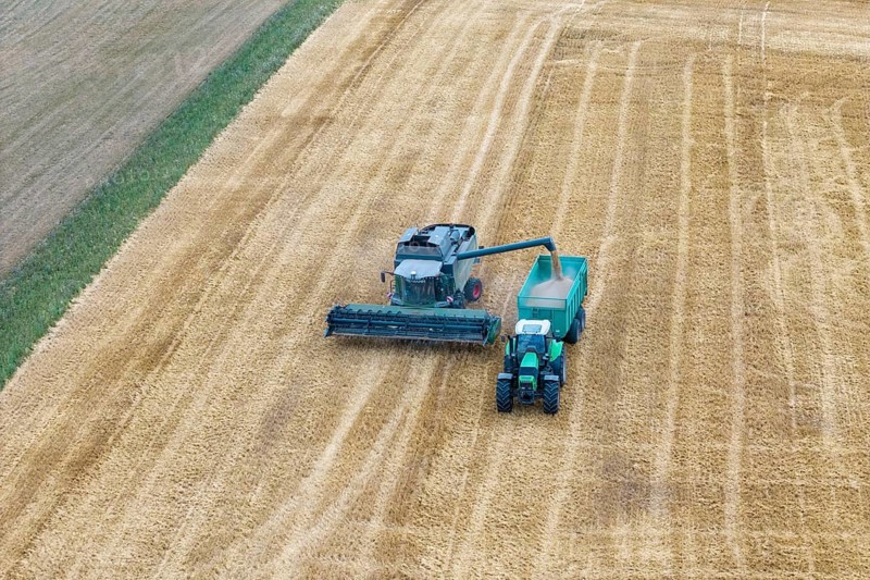 A combine harvester loads a tractor in a harvested field, Korb im Remstal, Baden-Württemberg, Germany
